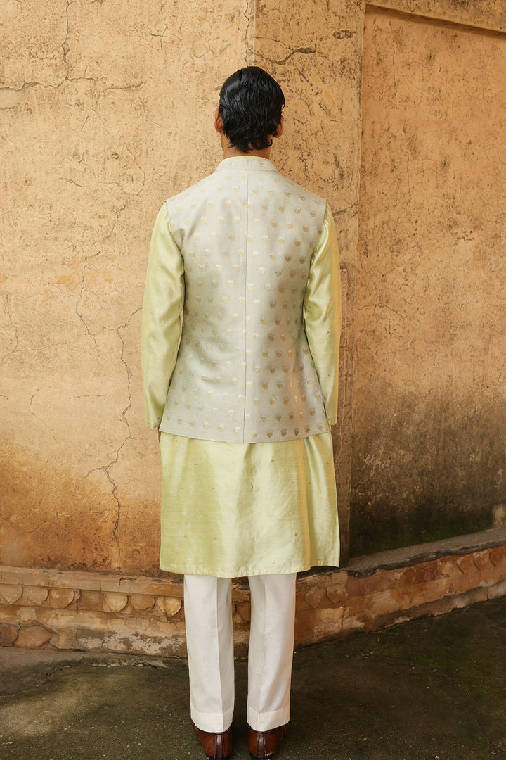 Mint Green Silk Kurta Set with Patchwork Brocade Jacket
