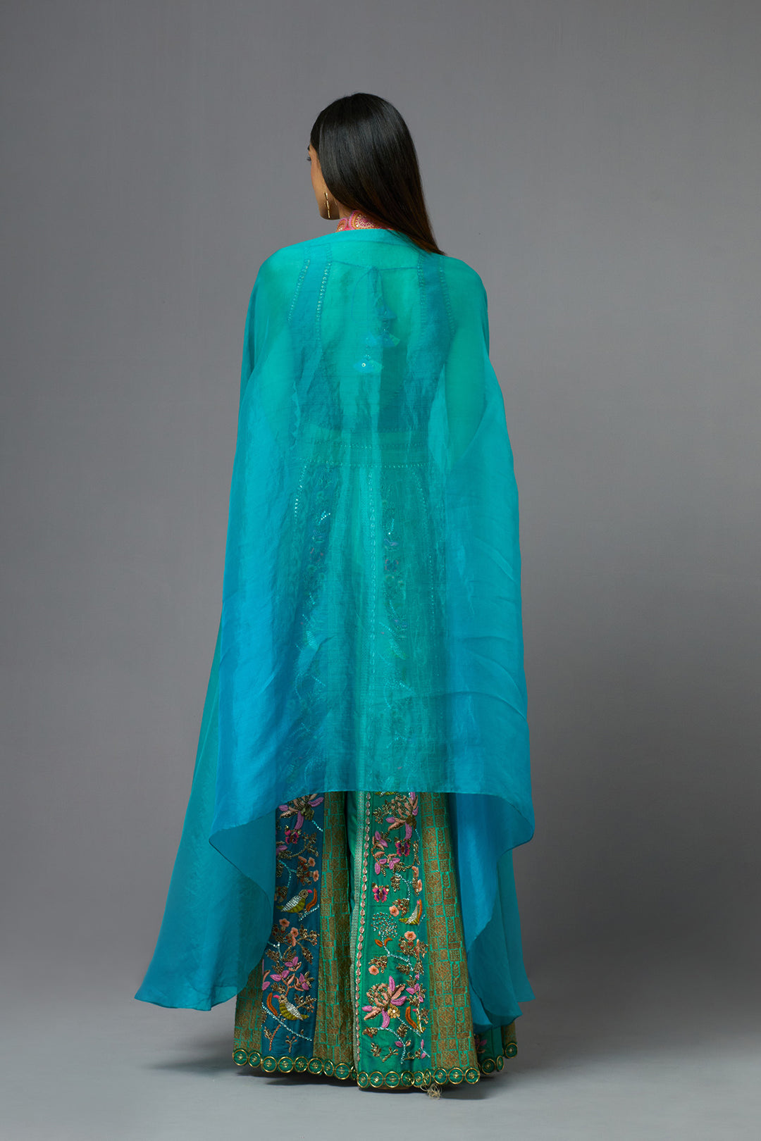 Green embroidered sharara set with ombre cape