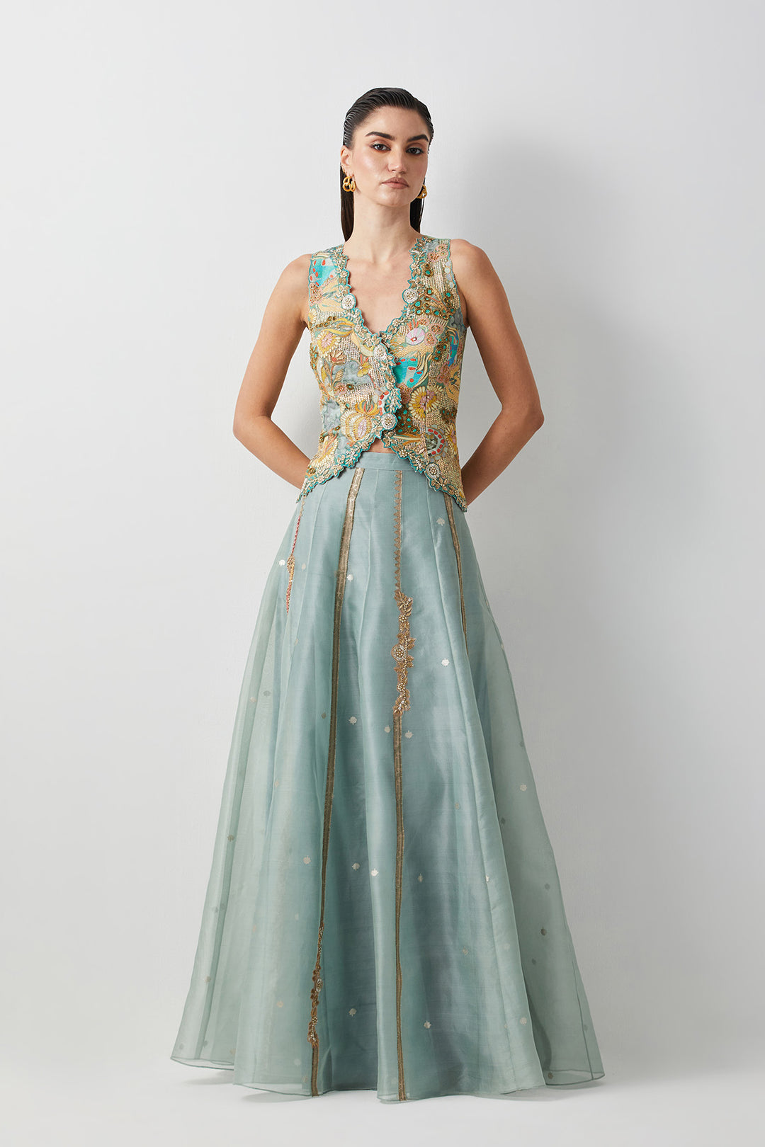 Aqua embroidered skirt corset set