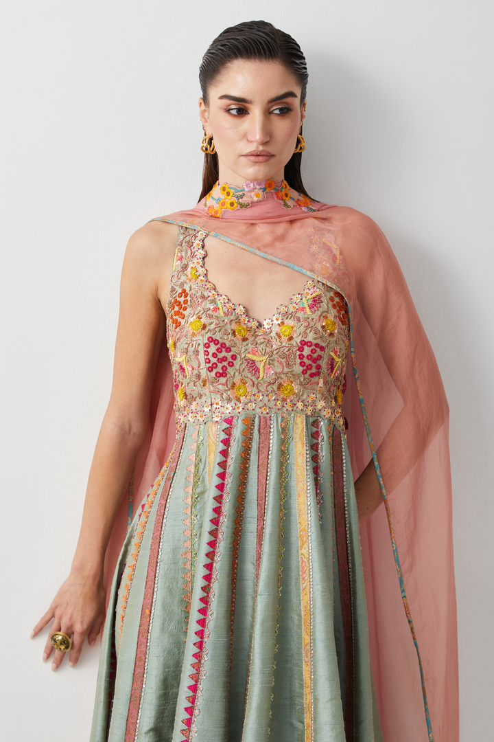 Aqua Silk Hand Embroidered Anarkali Set with Organza Dupatta