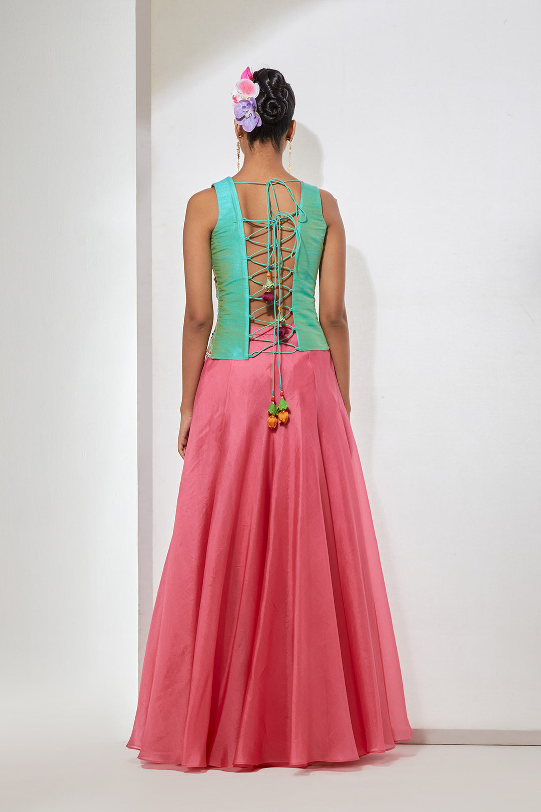 Gulbahar Hand-Embroidered Silk Corset &amp; Organza Skirt Set