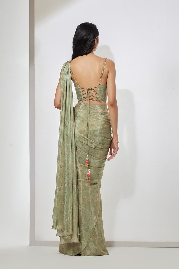 Sage Green Embellished Pre-Draped Saree with Corset Blouse