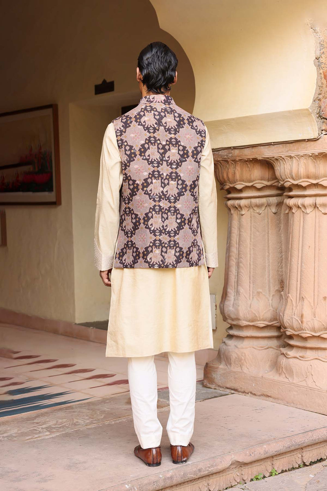 Cream kurta set with statement jacket