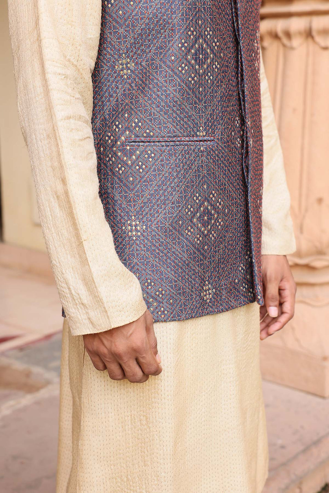 Beige kurta set with embroidered nehru jacket
