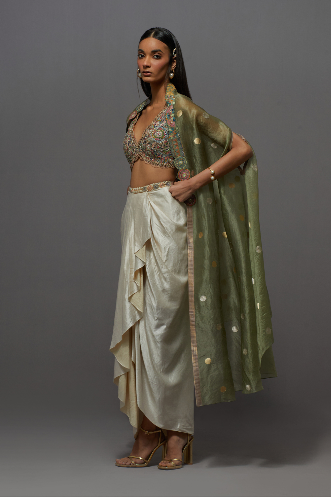 Olive green &amp; ivory embroidered dhoti with embroidered cape blouse set