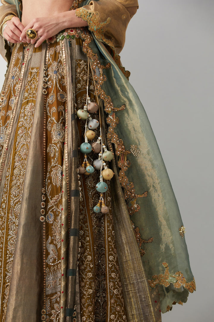Olive Green Hand Embroidered Silk Brocade Lehenga Set