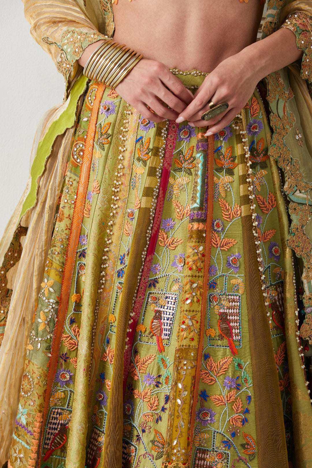 Lime Yellow Hand Embroidered Silk Lehenga Set