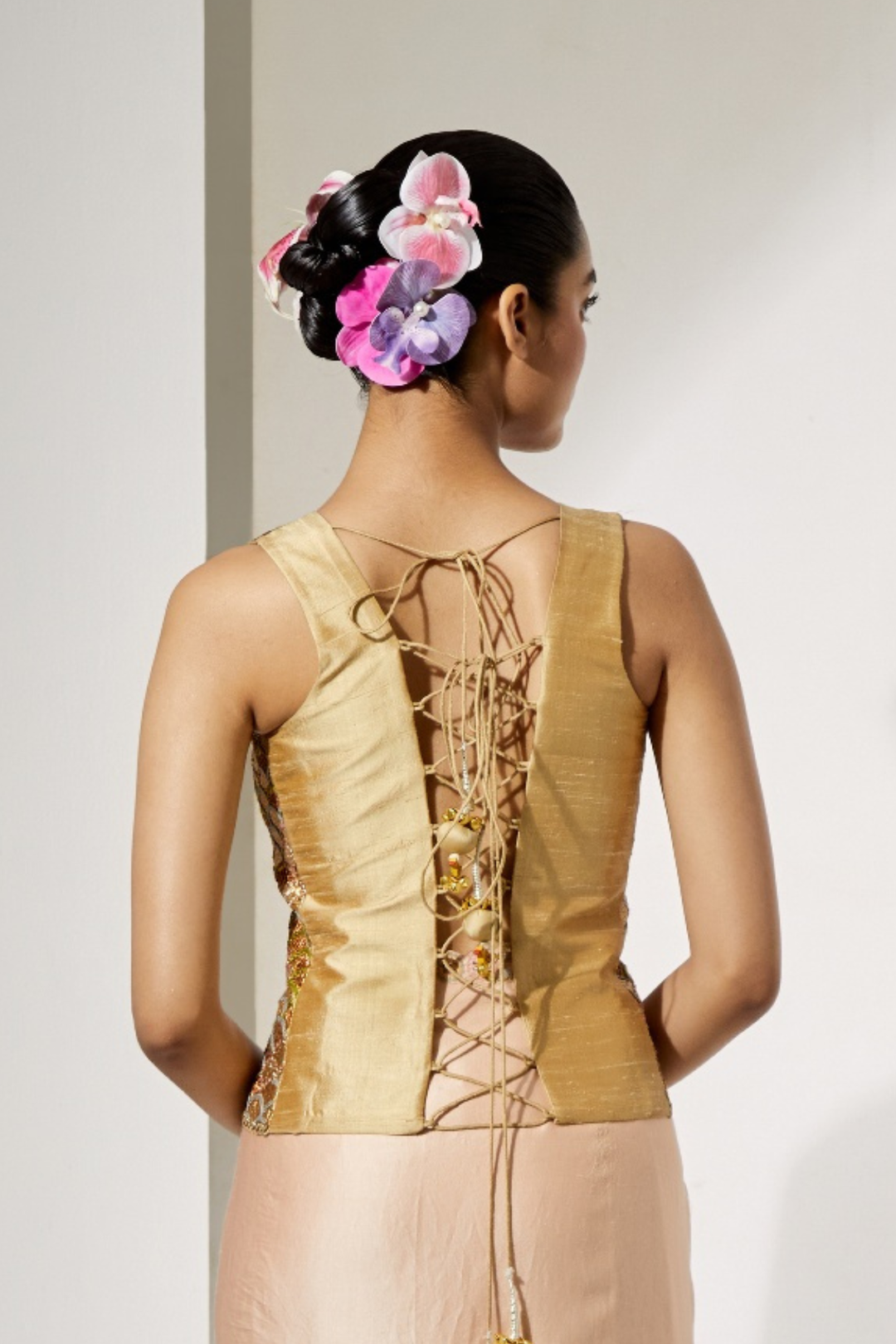 Yellow Organza Skirt with Floral Thread Embroidery+Gold Ebroidered Corset