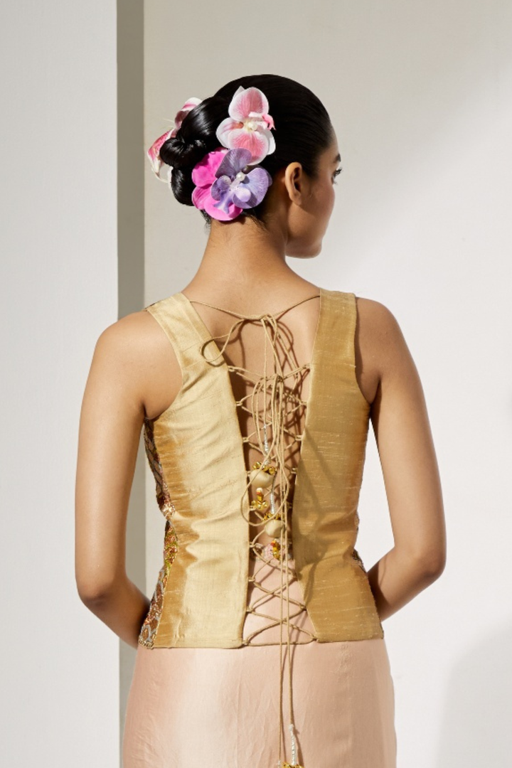 Yellow Organza Skirt with Floral Thread Embroidery+Gold Ebroidered Corset