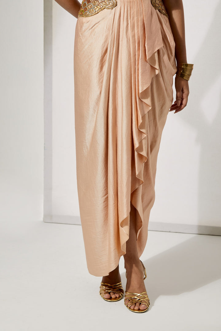 Pastel Patchwork Embroidered Corset+Peach Draped Dhoti Skirt