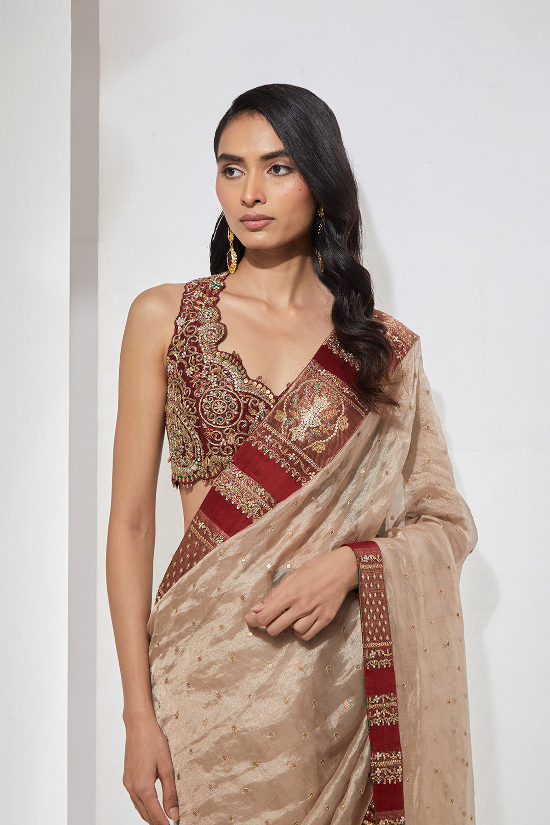 Ivory Tissue Saree with Multicolour Hand-Embellished Blouse