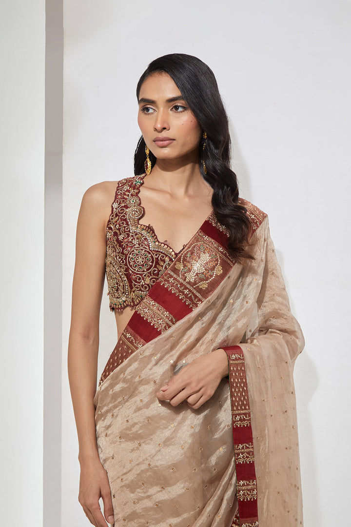 Ivory Tissue Saree with Multicolour Hand-Embellished Blouse