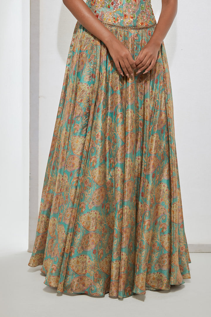 Aqua Paisley Embellished Corset with Printed Skirt Set