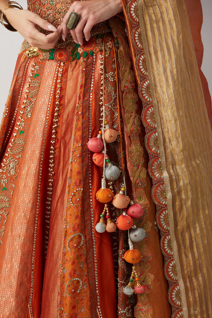 Roasted Carrot Hand Embroidered Lehenga Set with Organza Dupatta