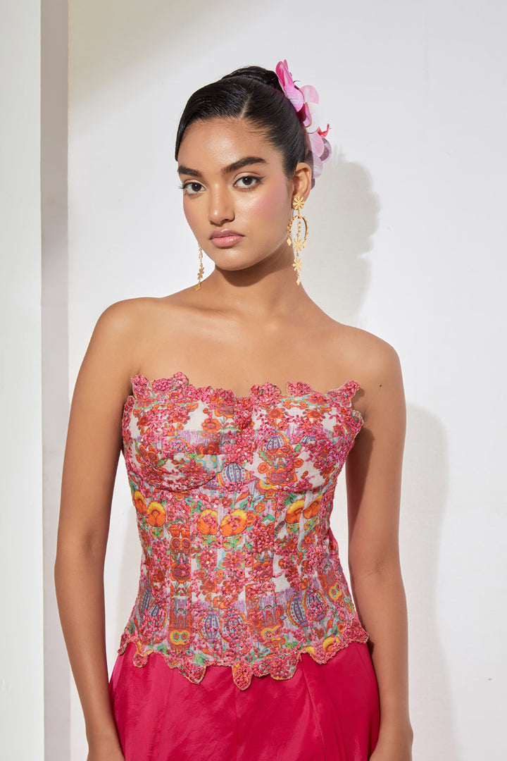 Pink Hand-Embroidered Silk Corset &amp; Organza Skirt Set.