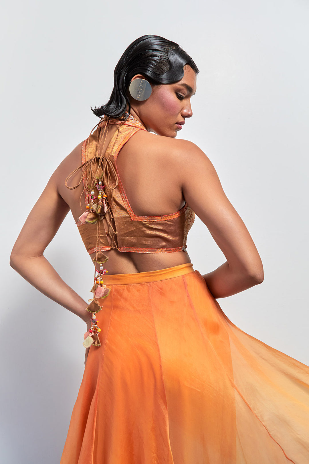 Yellow orange ombre embroidered skirt set