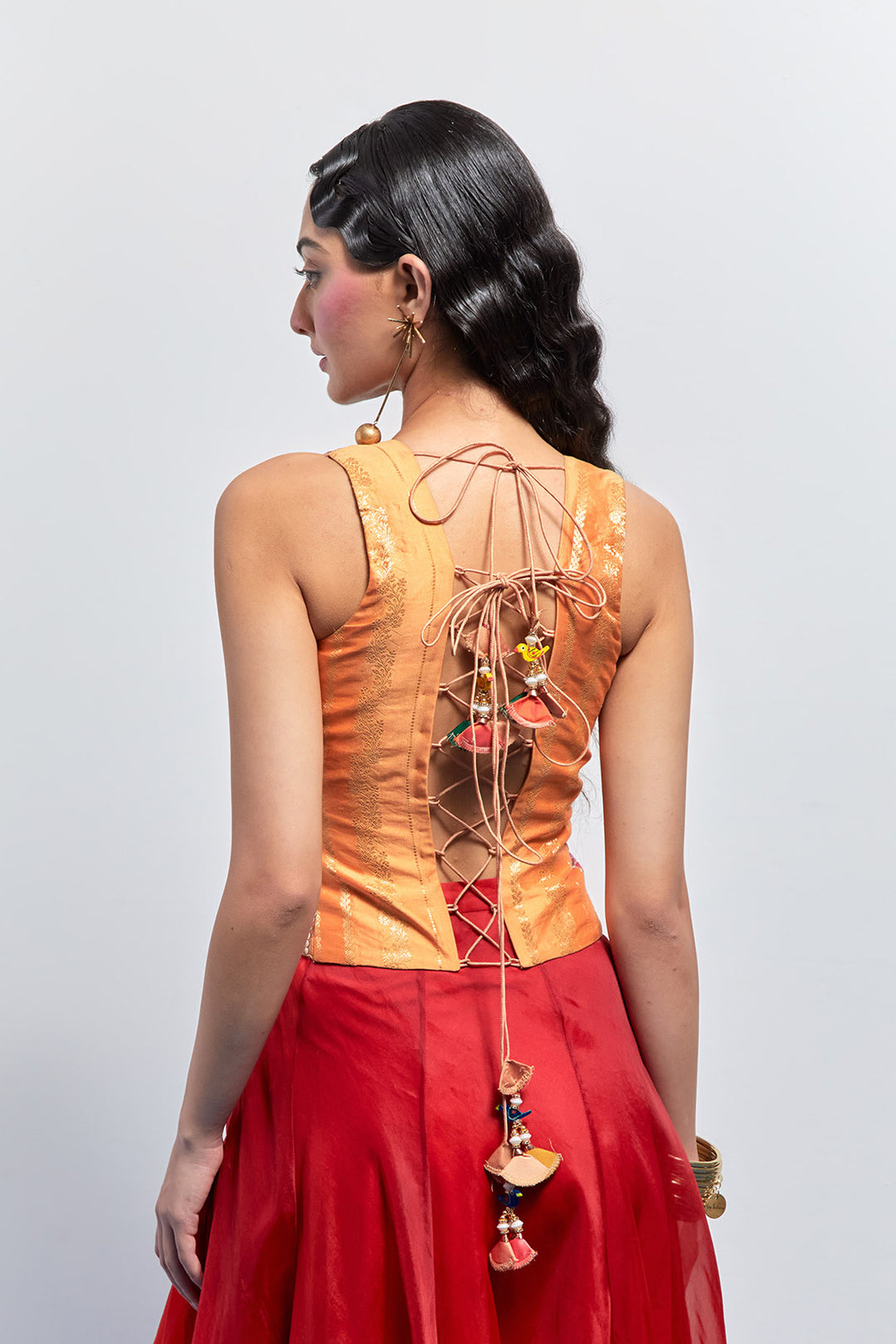 Sunset Patchwork Embroidered Corset+Yellow Organza Skirt with Floral Thread Embroidery