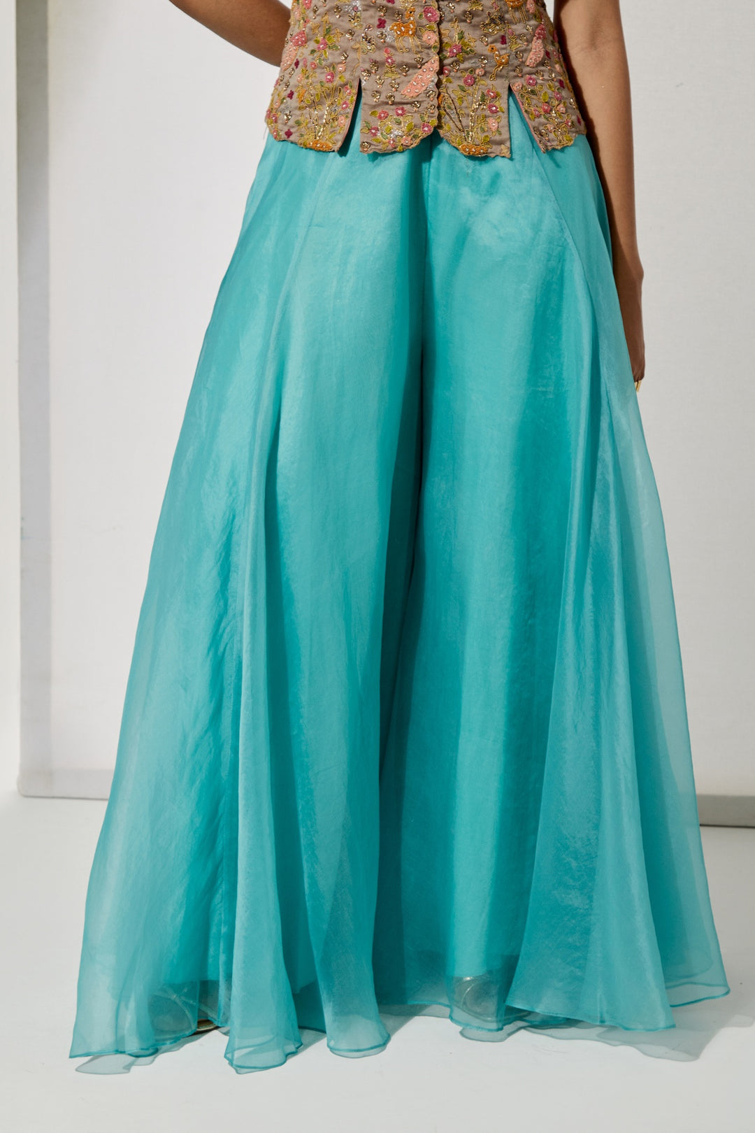 Fuchsia Pink Floral Embroidered Corset+Turquoise Organza Flared Skirt