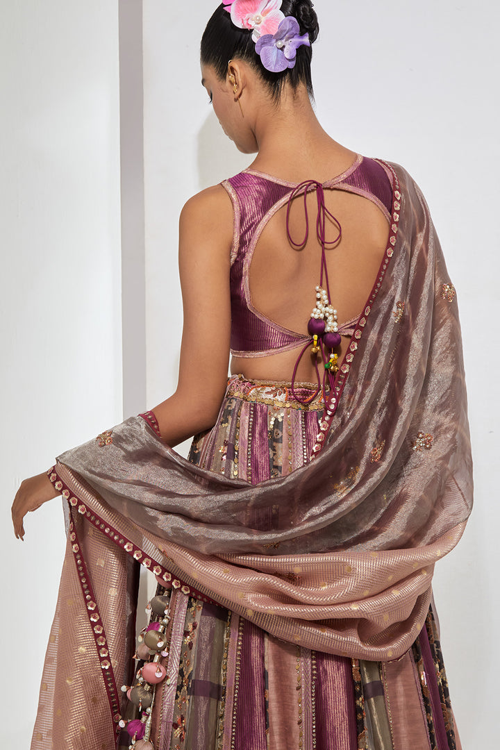 Burgundy Pink Patchwork Embellished Lehenga Set with Organza Dupatta