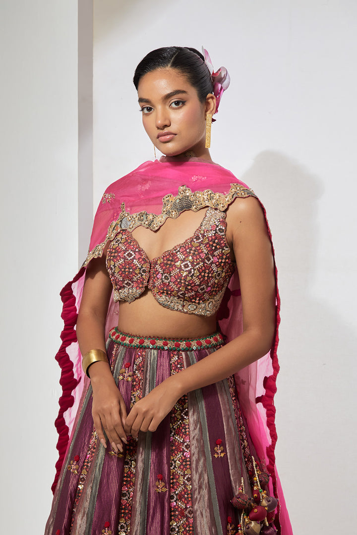 Wine Embroidered Lehenga Set with Organza Dupatta