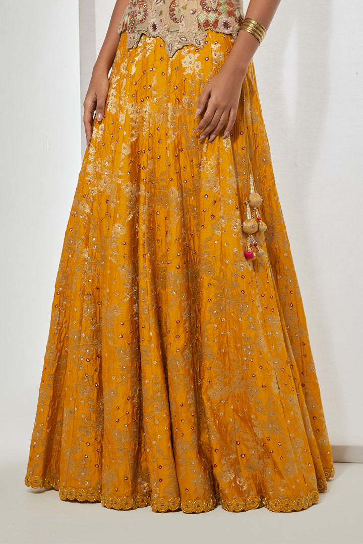 Antique Gold Floral Strapless Corset &amp; Mustard Bandani Silk Lehenga