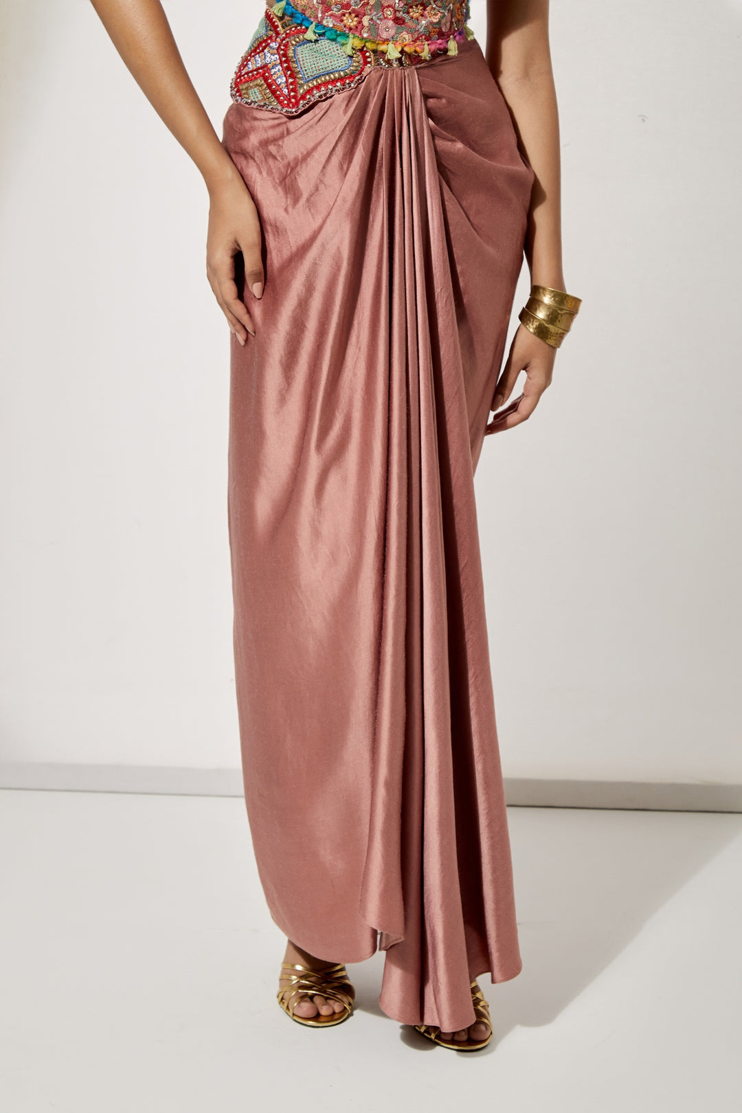 Mauve Satin Draped Skirt with Pleated Waist Detail+Rust Red Multi-Thread Tassel Corset