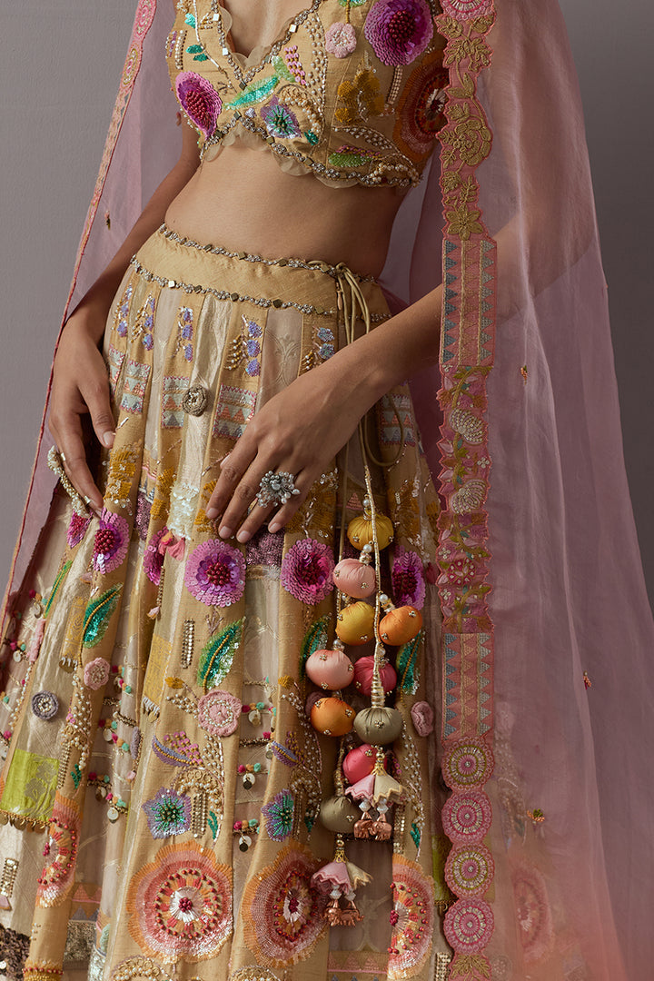 Beige Gold Embroidered Lehenga Set with Blush Pink Dupatta