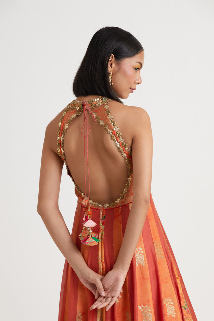 Orange printed anarkali gown with dupatta