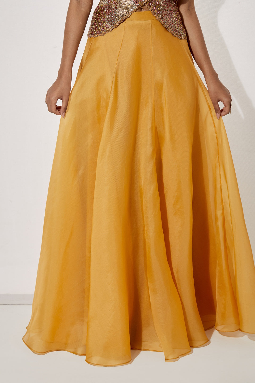 Mustard Gold Embroidered Corset &amp; Organza Skirt Set | RTS