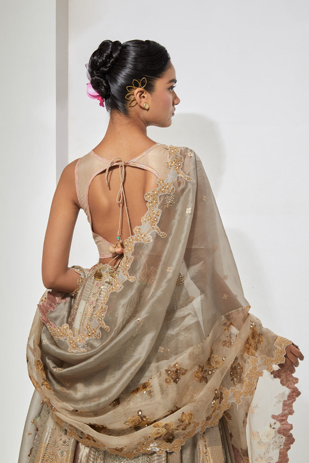 Ivory Taupe Silver Multi-Panel Tissue and Silk Brocade Lehenga Set with 3D Tassel Corset Blouse