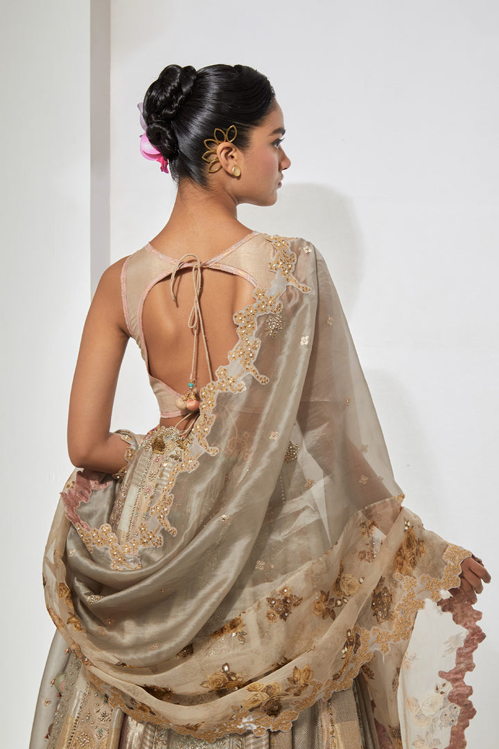 Ivory Taupe Silver Multi-Panel Tissue and Silk Brocade Lehenga Set with 3D Tassel Corset Blouse