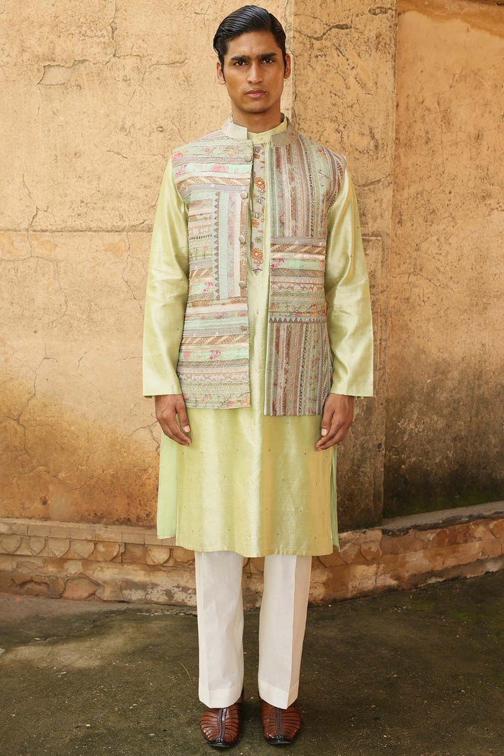 Mint Green Silk Kurta Set with Brocade Jacket