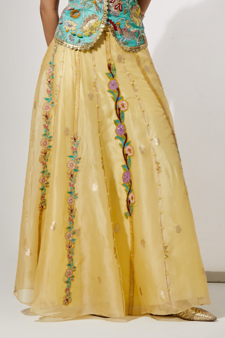 Yellow Organza Skirt with Floral Thread Embroidery+Mustard Patchwork Embroidered Corset Vest