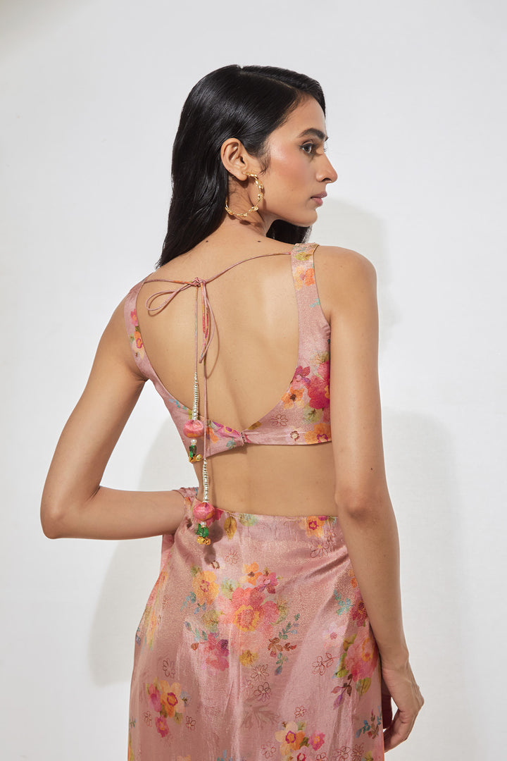 Blush Pink Floral Printed Pre-Draped Saree with Corset Blouse