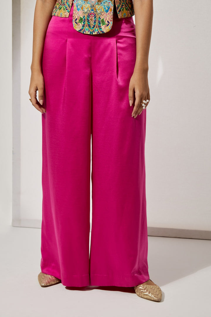 Multicolor Garden Embroidered Corset+Fuchsia High-Waist Pleated Palazzo Pants