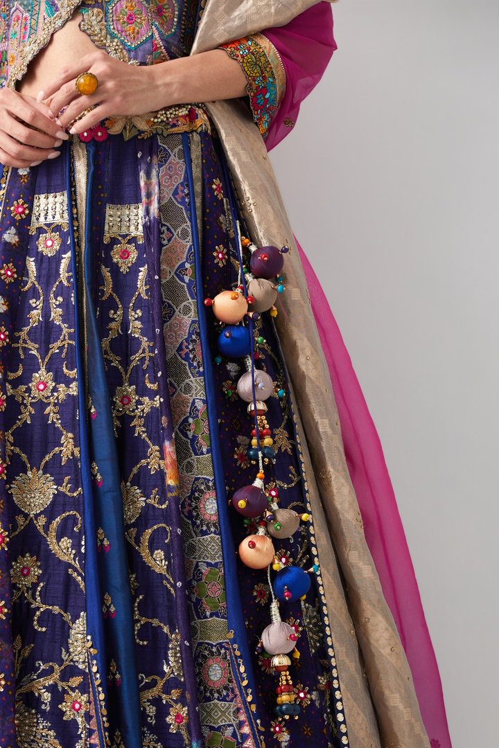 Royal Blue Silk &amp; Brocade Lehenga Set with Corset and Organza Dupatta