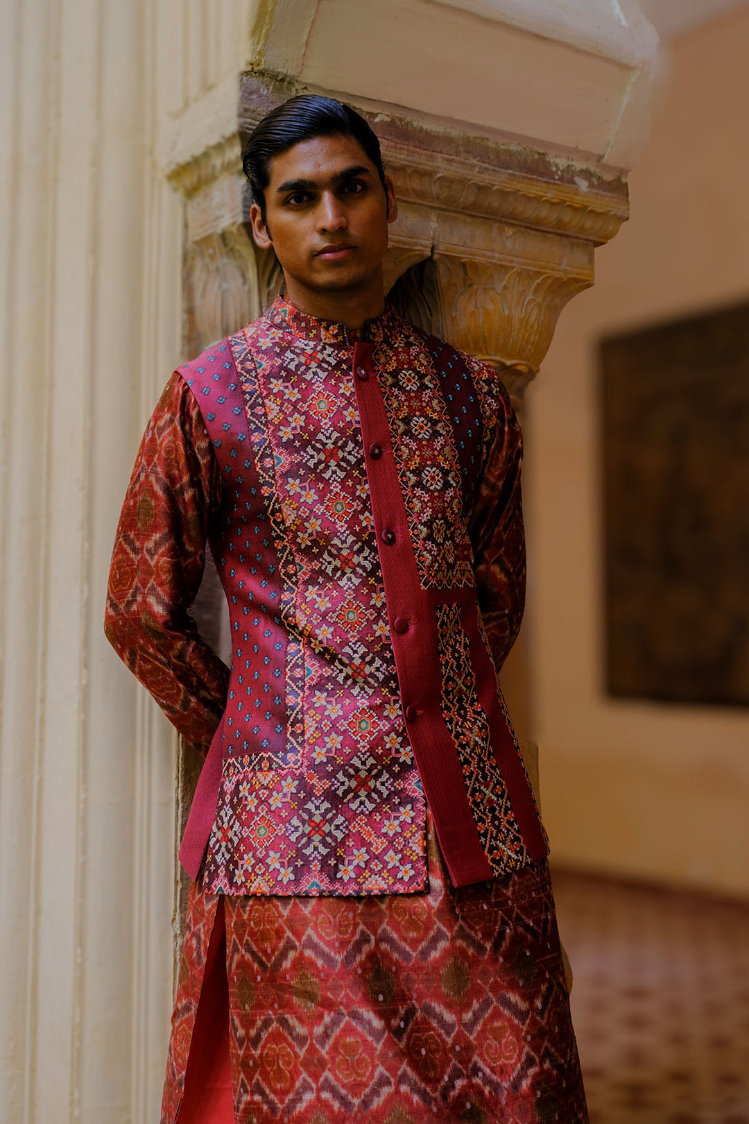 Rust Ikat Silk Bundi Set