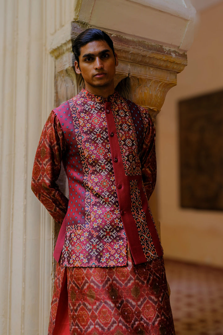 Rust Ikat Silk Bundi Set