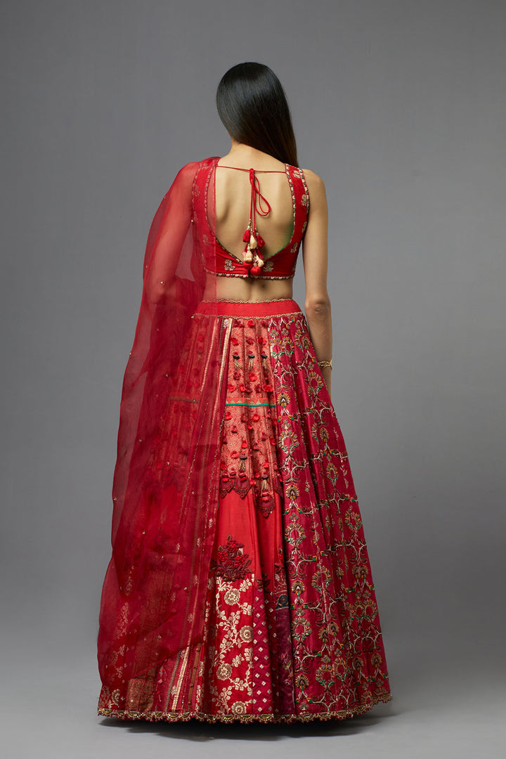 Red embroidered lehenga choli with dupatta