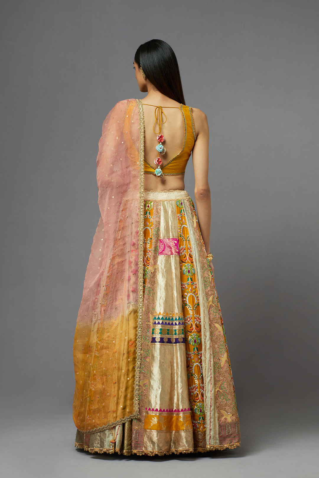 Mustard yellow embroidered lehenga choli with dupatta