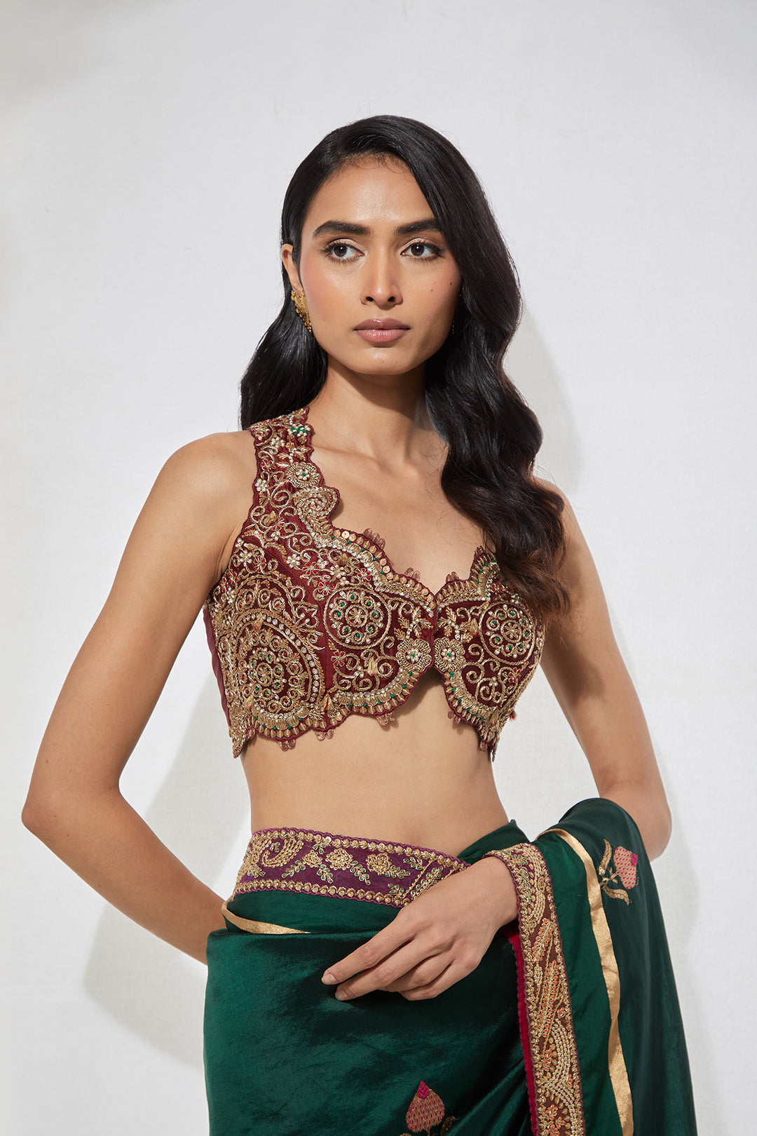 Emerald Green Embroidered Saree With Heavy Zardozi Blouse
