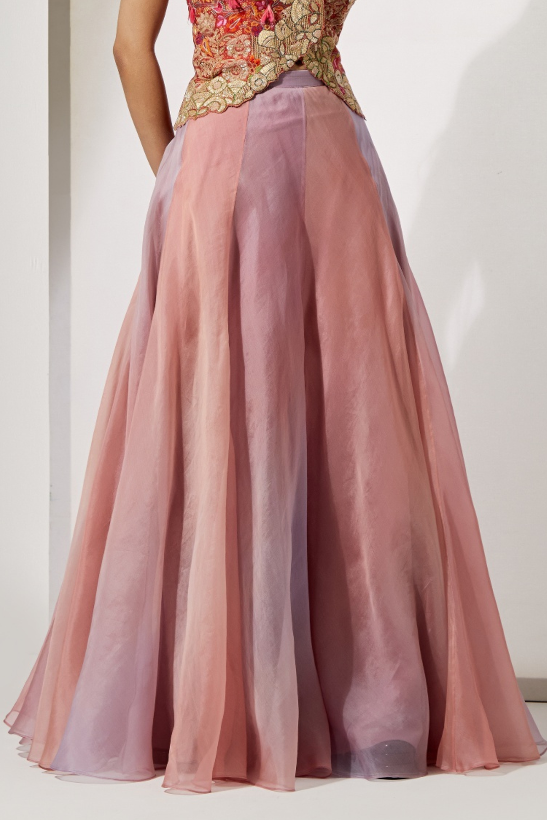 Bronze Ornate Embroidered Corset+Ombre Organza Flared Skirt in Lavender-Peach