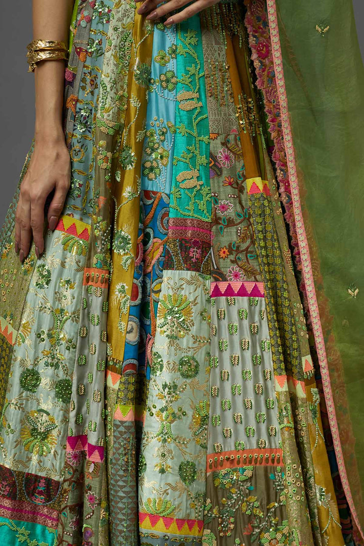 Multicolour panelled lehenga set with dupatta