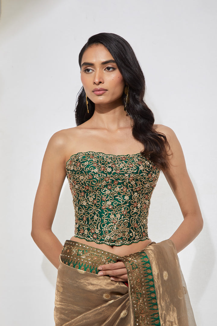 Antique Gold Tissue Saree with Emerald Green Border &amp; Heavy Corset Blouse