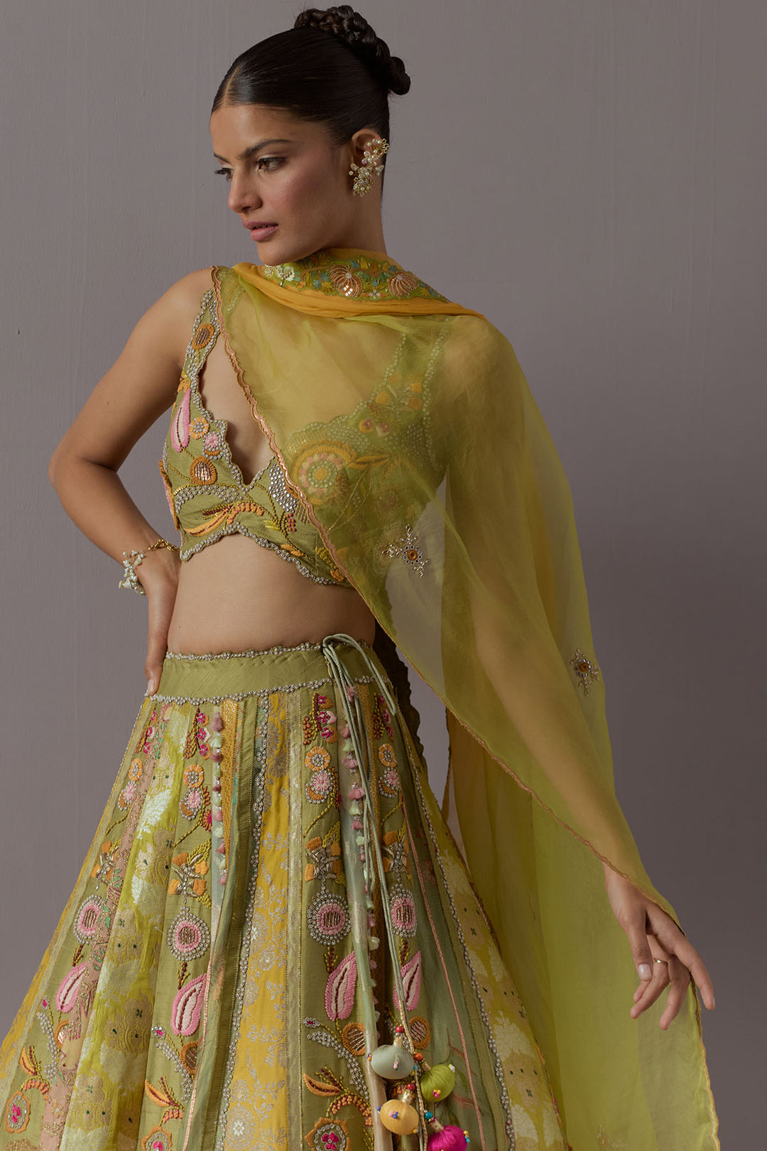 Lime green embroidered lehenga choli with dupatta