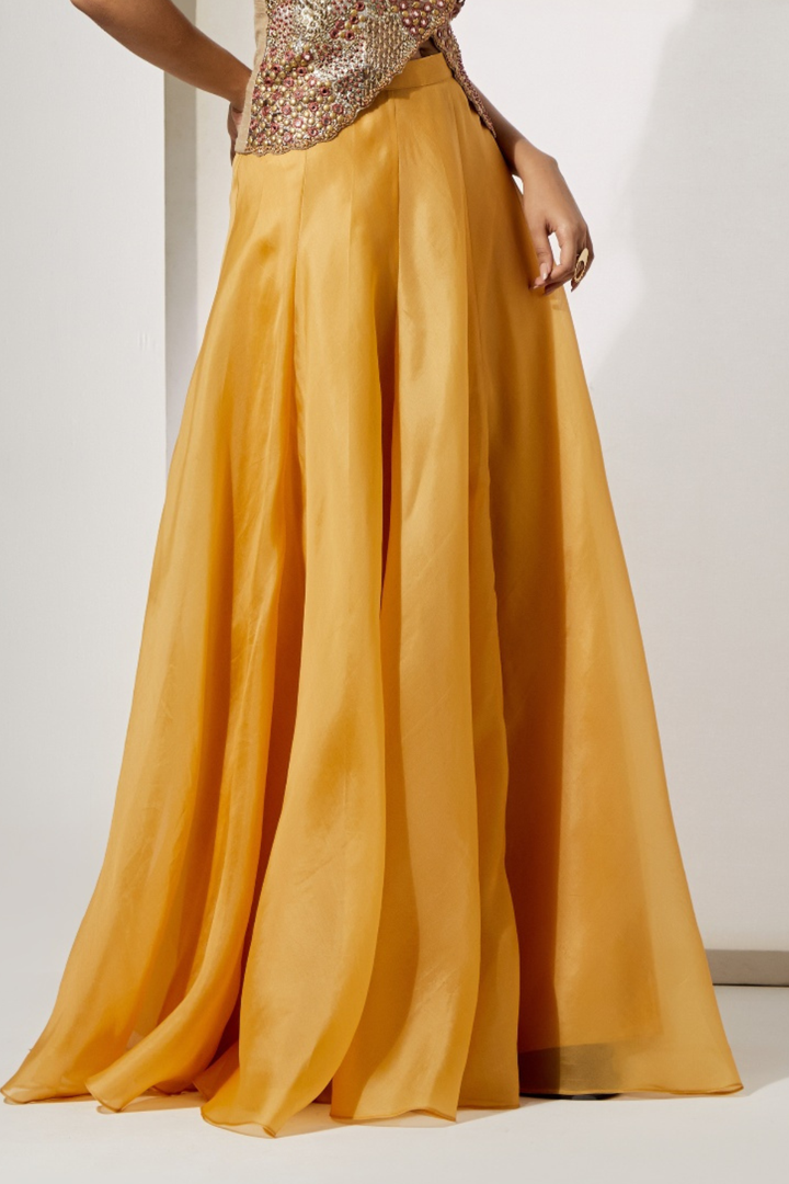 Sunset Patchwork Embroidered Corset+Mustard Yellow Plain Organza Flared Skirt