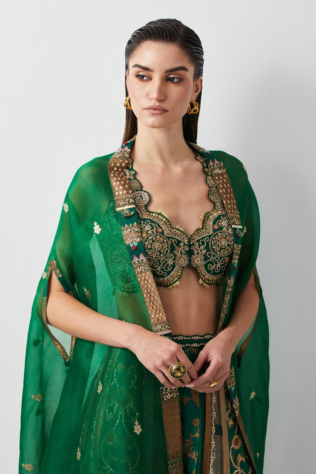 Emerald Green Hand Embroidered Cape Set
