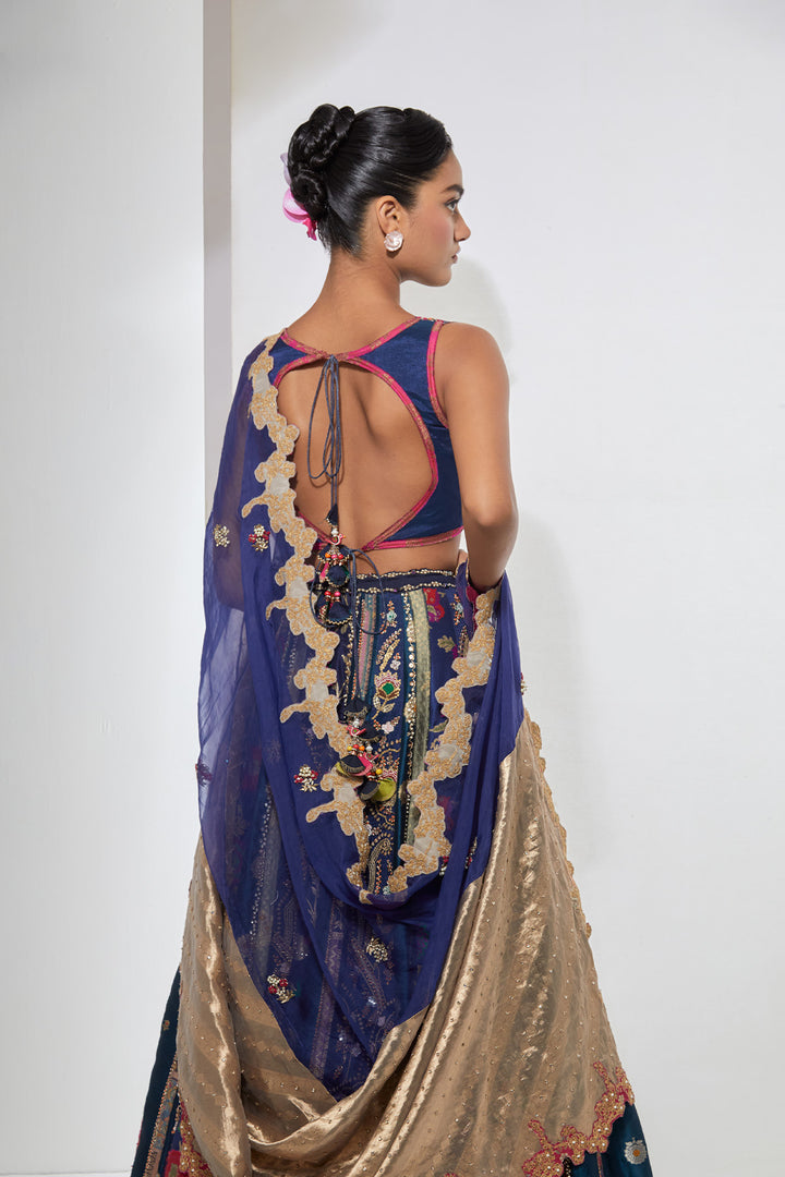 Midnight Blue Floral Embroidered Lehenga Set with Dupatta