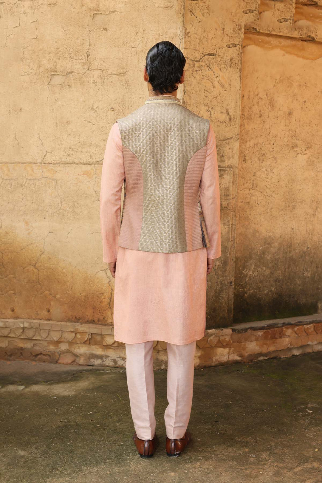 Blush kurta set with Linear embroidered jacket