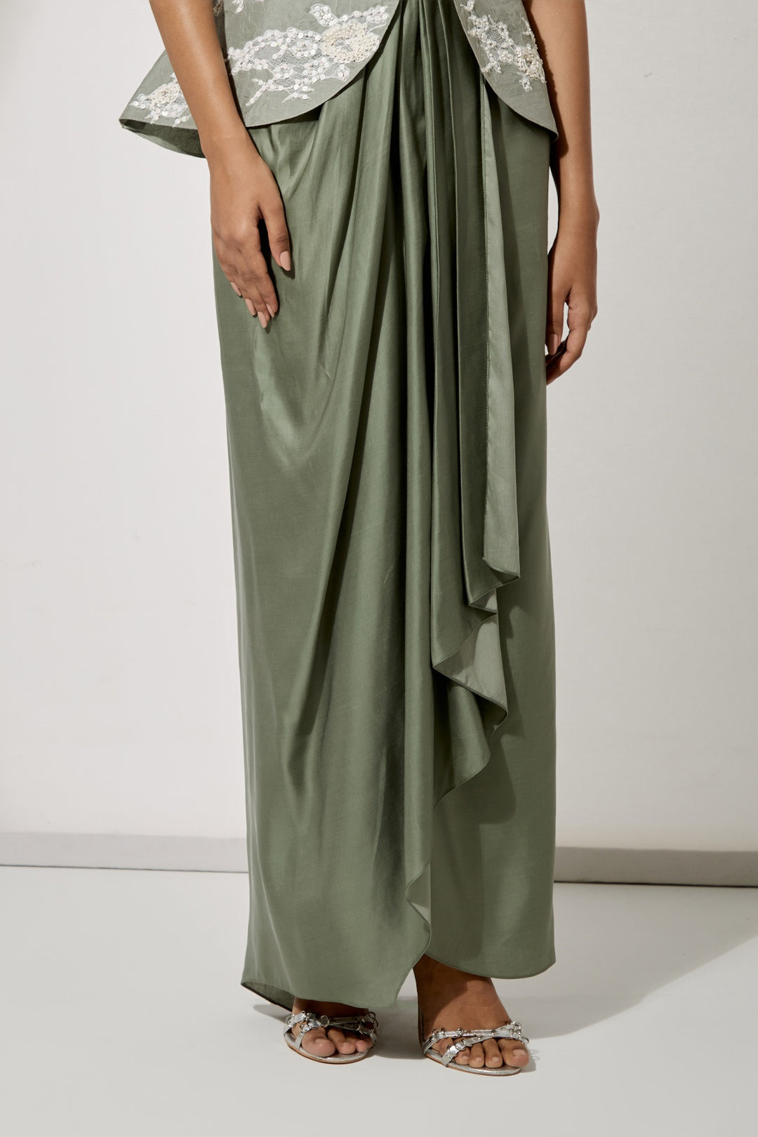 Sage Foil Silk Top &amp; Draped Satin Skirt Set